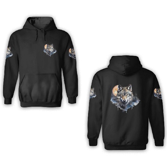 Wolf Portrait Under Full Moon Design 3D Hoodies