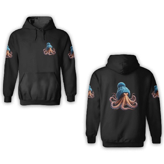 An Octopus Wearing a Knitted Blue Winter Hat 3D Hoodies