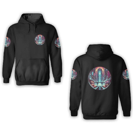 Cyberpunk Portal Cityscape - Futuristic Neon Sci-F 3D Hoodies