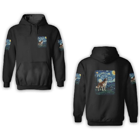 Saint Bernard Howling At Moon Starry Night Van Gog 3D Hoodies
