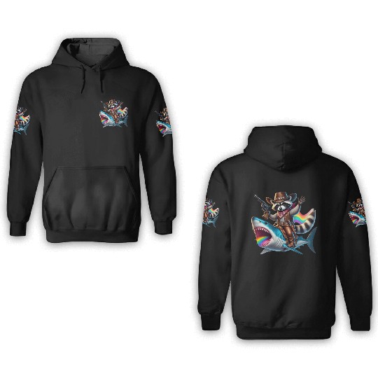 Funny Vintage Cowboy Raccoon Shark Rainbow Art 3D Hoodies