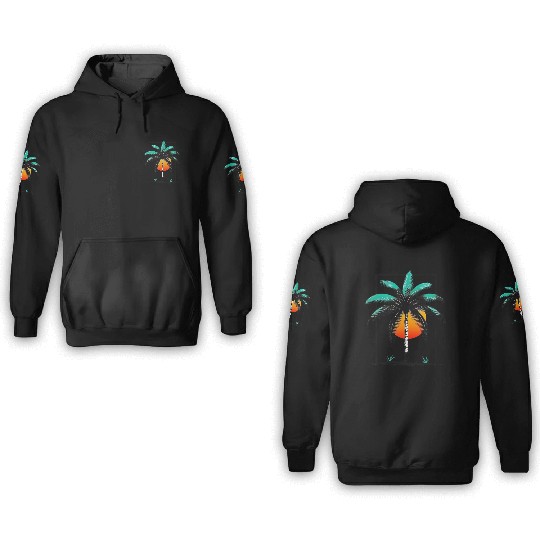 Grayscale Line Drawing Of A Central palm tree 3D Hoodies