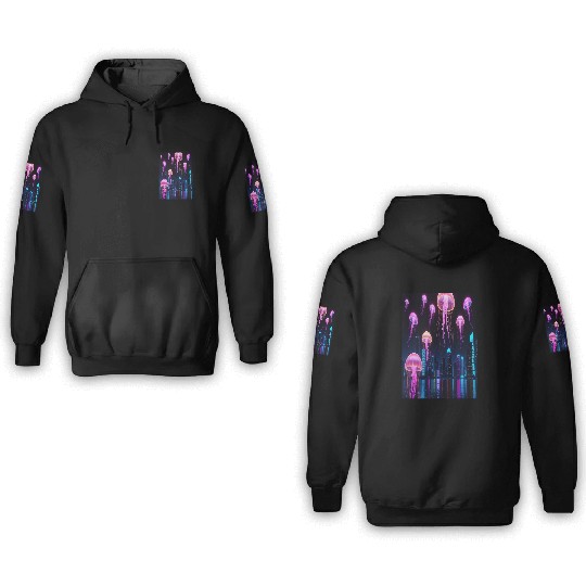 Neon Jellyfish Over Cyber City 3D Hoodies