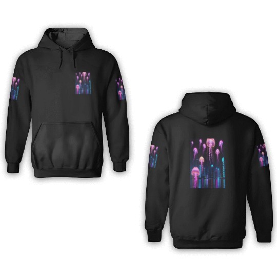 Neon Jellyfish Over Cyber City 3D Hoodies