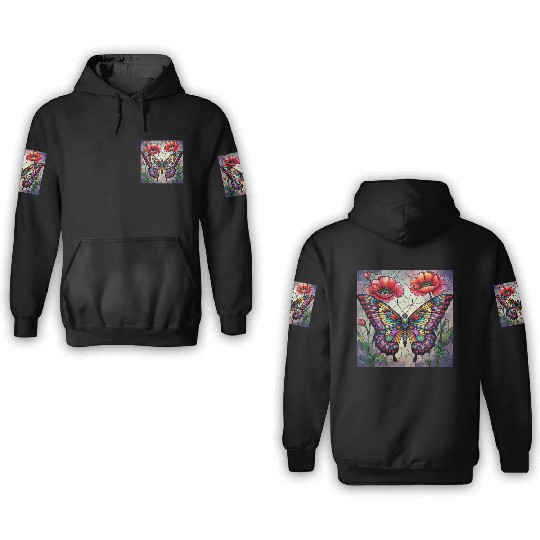 Butterfly stained glass design vibrant poppy 3D Hoodies