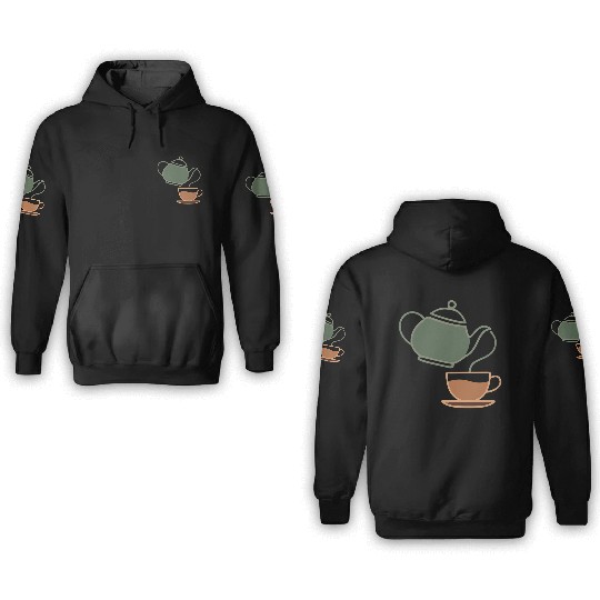 Vintage Tea Kettle and Cup Silhouette 3D Hoodies