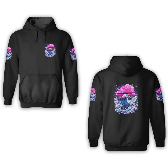 Neon Sakura Crane & Mount Fuji Scene 3D Hoodies