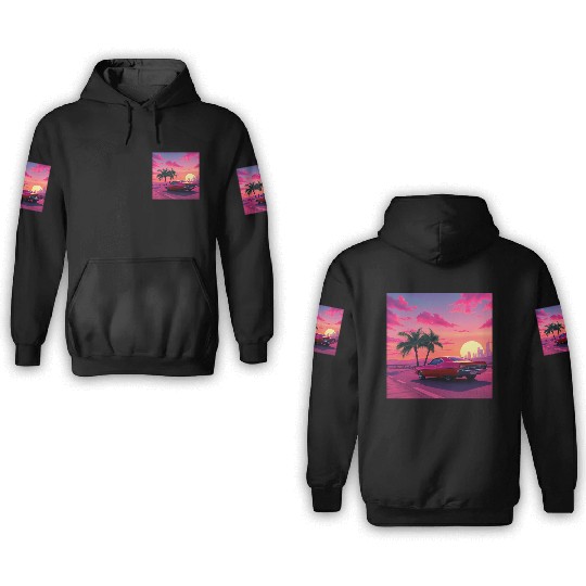 Neon Drift Sunset on the Synthwave Highway 3D Hoodies