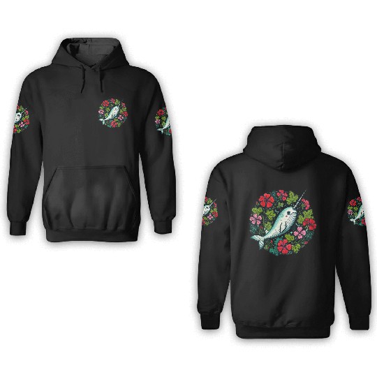 Whimsical Narwhal Amid Floral Bloom 3D Hoodies
