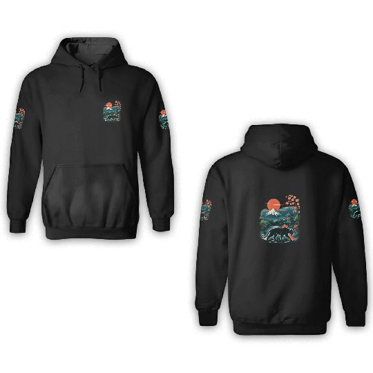 Serene Japanese Landscape with Mount Fuji 3D Hoodies