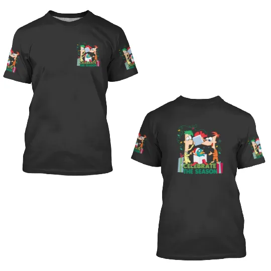 Disney Santa Phineas and Ferb Perry the Platypus Celebrate the Season Christmas Lights 3D T Shirts