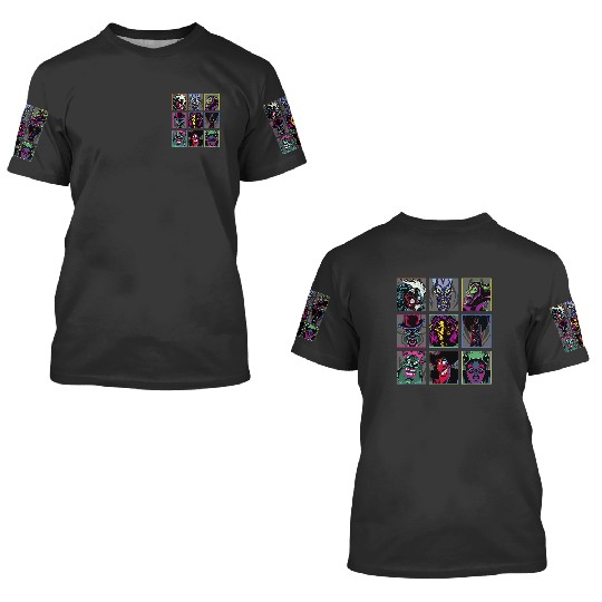 Disney Villains Colorful Neon Big Face Group Shot Panels 3D T Shirts