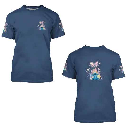 Disney Stitch & Bunny Watercolor Castle 3D T Shirts, Disney Stitch 3D T Shirts