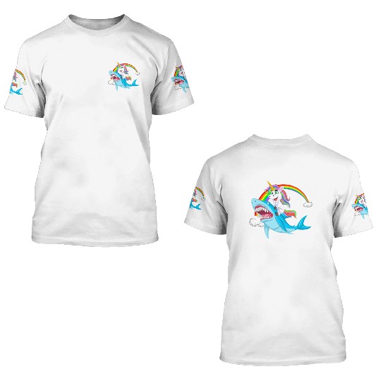 Unicorn riding shark Design 3D T Shirts