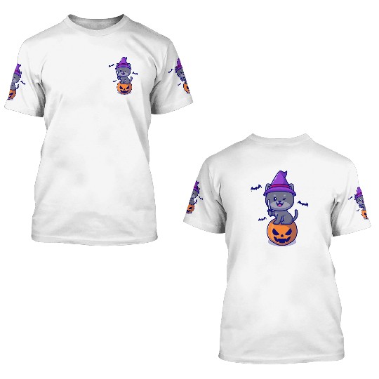 Cat Witch On A Pumpkin - Halloween 3D T Shirts