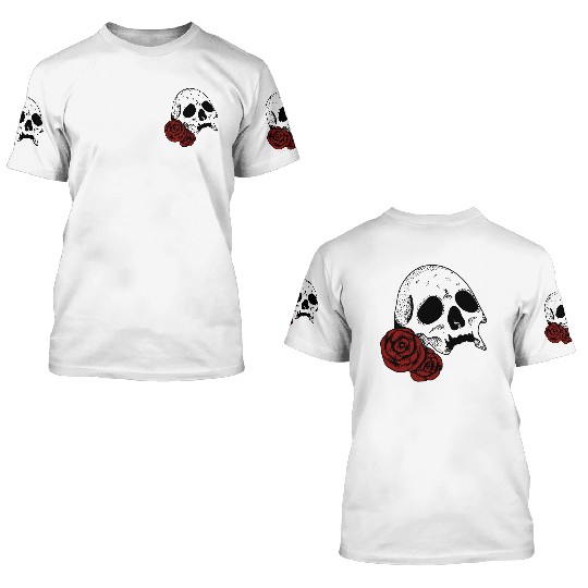 Skull with red Roses | Skull | Bones | Halloween 3D T Shirts