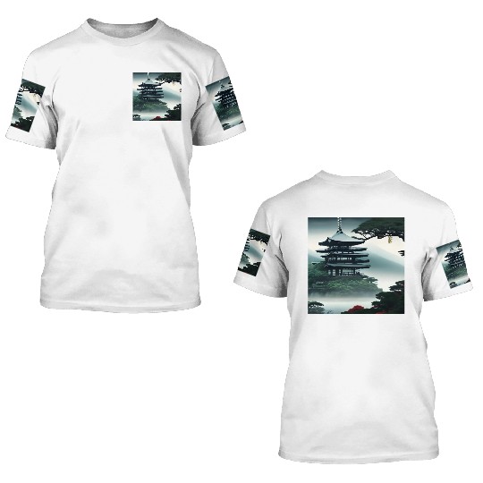 Japanese temple on the hill 3D T Shirts