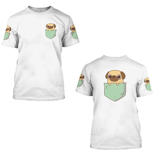 Cute Little Pug In Green Pocket 3D T Shirts