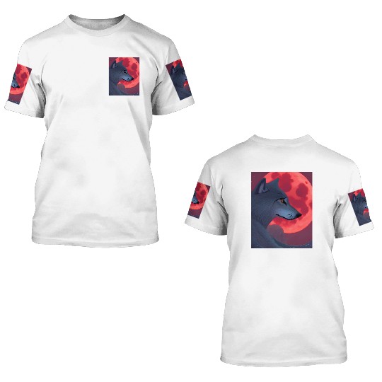 A Grey Wolf Staring at a Blood Moon 3D T Shirts