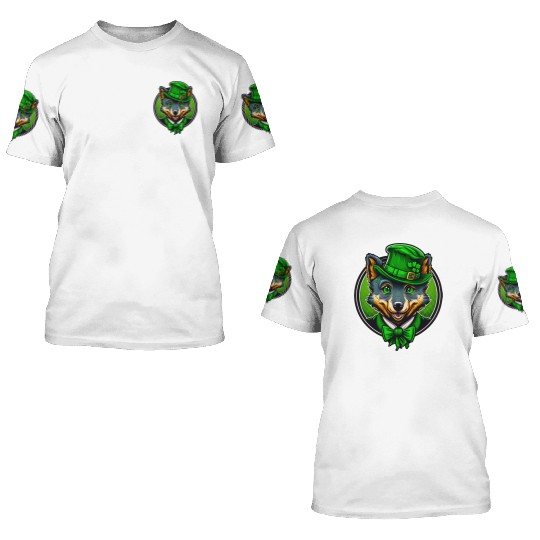 Cute Wolf St. Patrick's Day Hat With Green Eyes 3D T Shirts