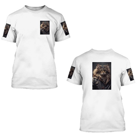 Norwegian Forest Cat Breed wears a leather jacket 3D T Shirts