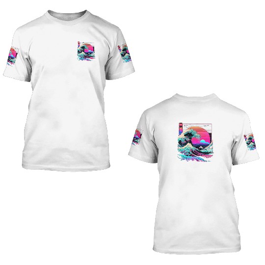 Vaperwave Aesthetic Glitch Great Wave Retrowave Sy 3D T Shirts