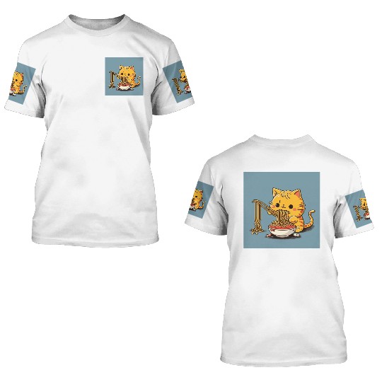 Japanese cat eating spaghetti 3D T Shirts