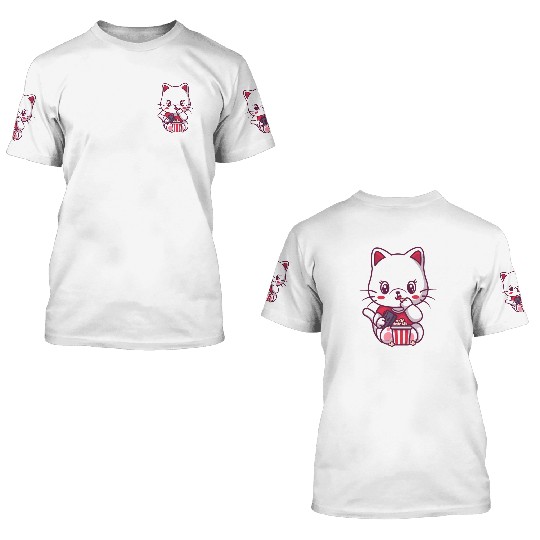 Cat Eating Popcorn 3D T Shirts