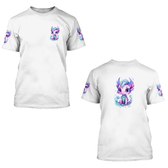 Cute aqua and purple watercolor dragon 3D T Shirts