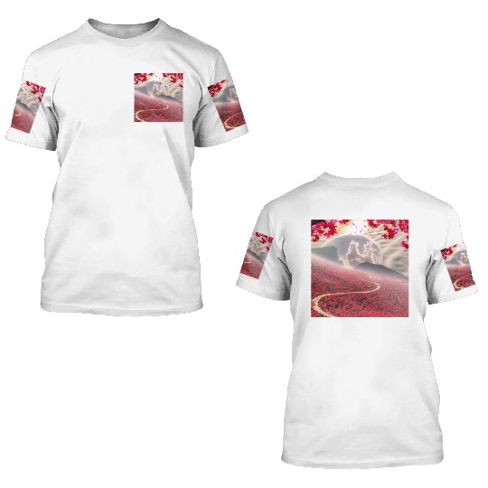 Misty Mountain Cherry Blossom Landscape 3D T Shirts