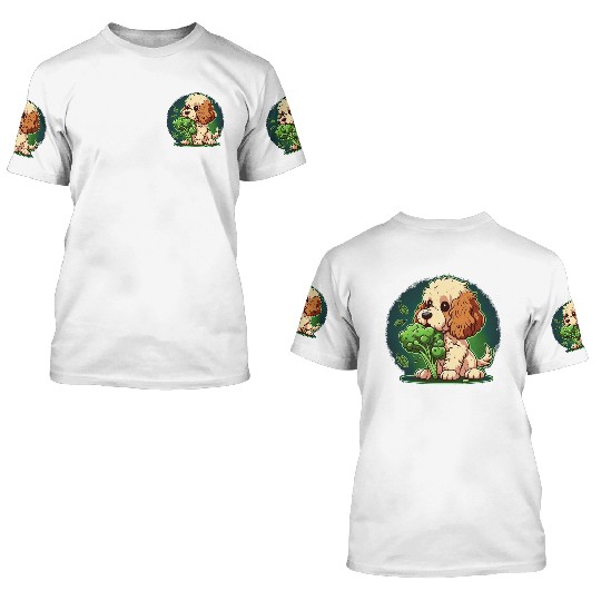 Cute dog eats green broccoli vegetables 3D T Shirts