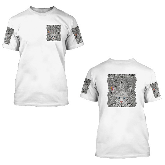 Psychedelic cat with bird 3D T Shirts