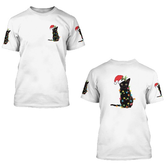 Black Santa Cat Tangled Up In Lights Christmas 3D T Shirts
