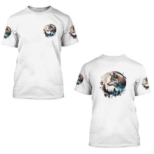 Wolf Moonlight Forest Wild Werewolf Watercolor 3D T Shirts
