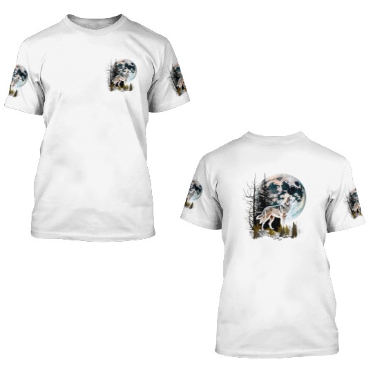 Wolf Moonlight Forest Wild Werewolf Watercolor 2 3D T Shirts