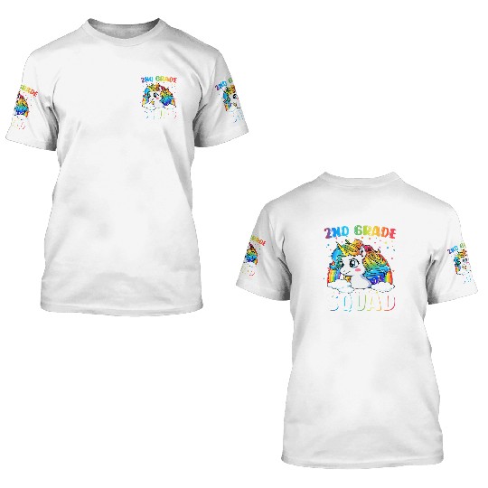 2nd Grade Squad Unicorn Rainbow Back 3D T Shirts