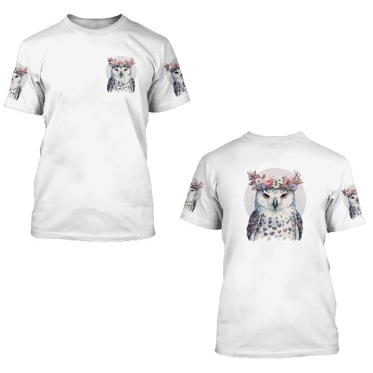 White Snow Owl Bird Flower Crown Floral Birds 3D T Shirts