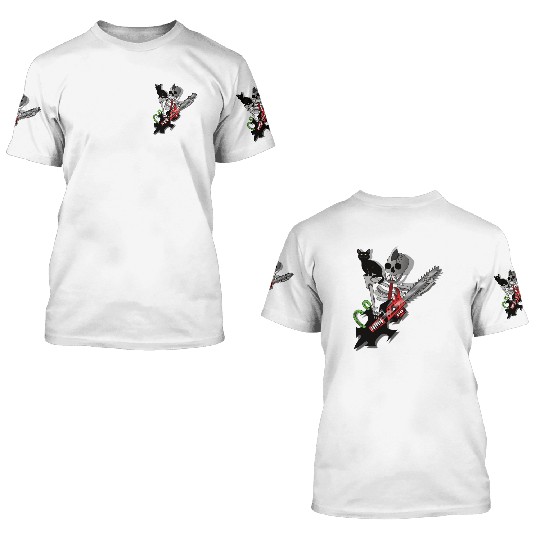 Human Skeleton guitarist with his cat 3D T Shirts