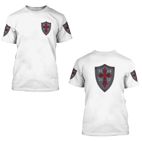Deus Vult Cross on Shield 3D T Shirts