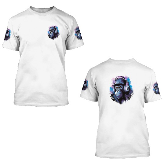 Gorilla with Headphones Music Monkey 3D T Shirts