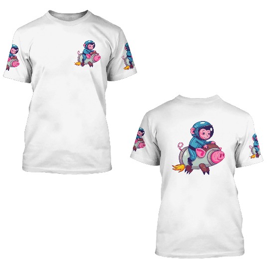 Pig and Monkey as Astronauts 3D T Shirts
