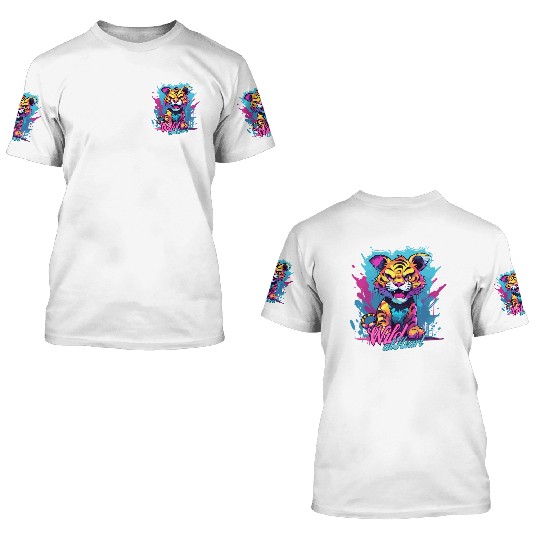 Vibrant Synthwave Sabertooth Tiger Graffiti Kids 3D T Shirts