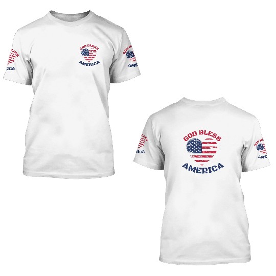 God Bless America, Heart Flag Shape. 3D T Shirts
