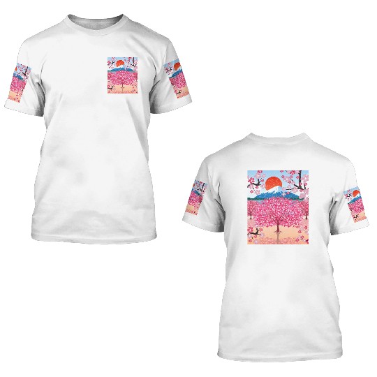 Sunset Sakura Mountains Gift Cherry Blossoms 3D T Shirts