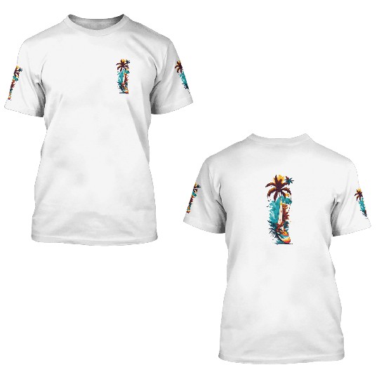 Surfing Board ,waves and Coconut Tree 3D T Shirts