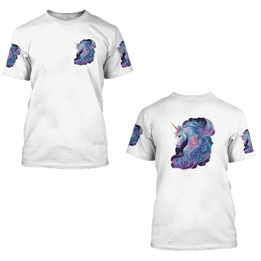 Unicorn with flowing mane surrounded by stars 3D T Shirts