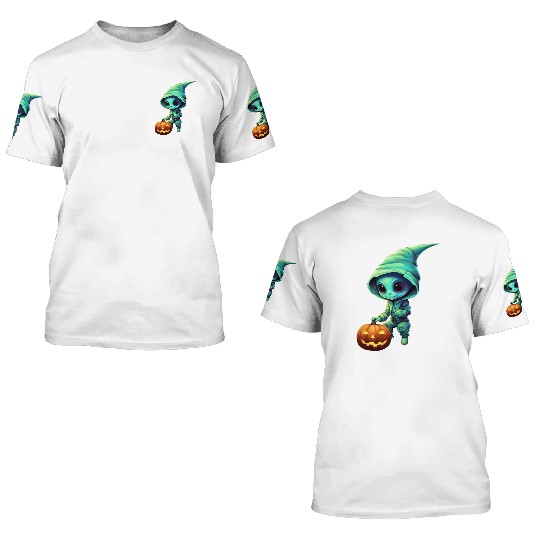 Halloween Alien with Pumpkin - Green 3D T Shirts
