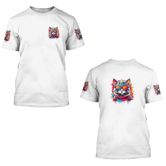 Funny Design Color Cat Wearing Sunglasses Meow 3D T Shirts