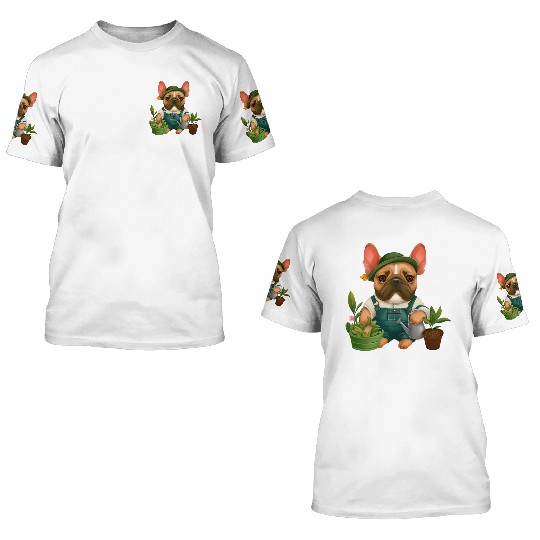 Frenchie The Gardener Drawing 3D T Shirts