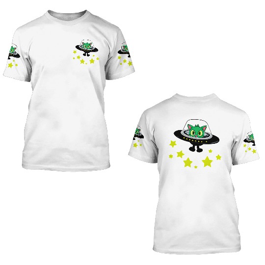 Cat Alien In UFO With Stars 3D T Shirts